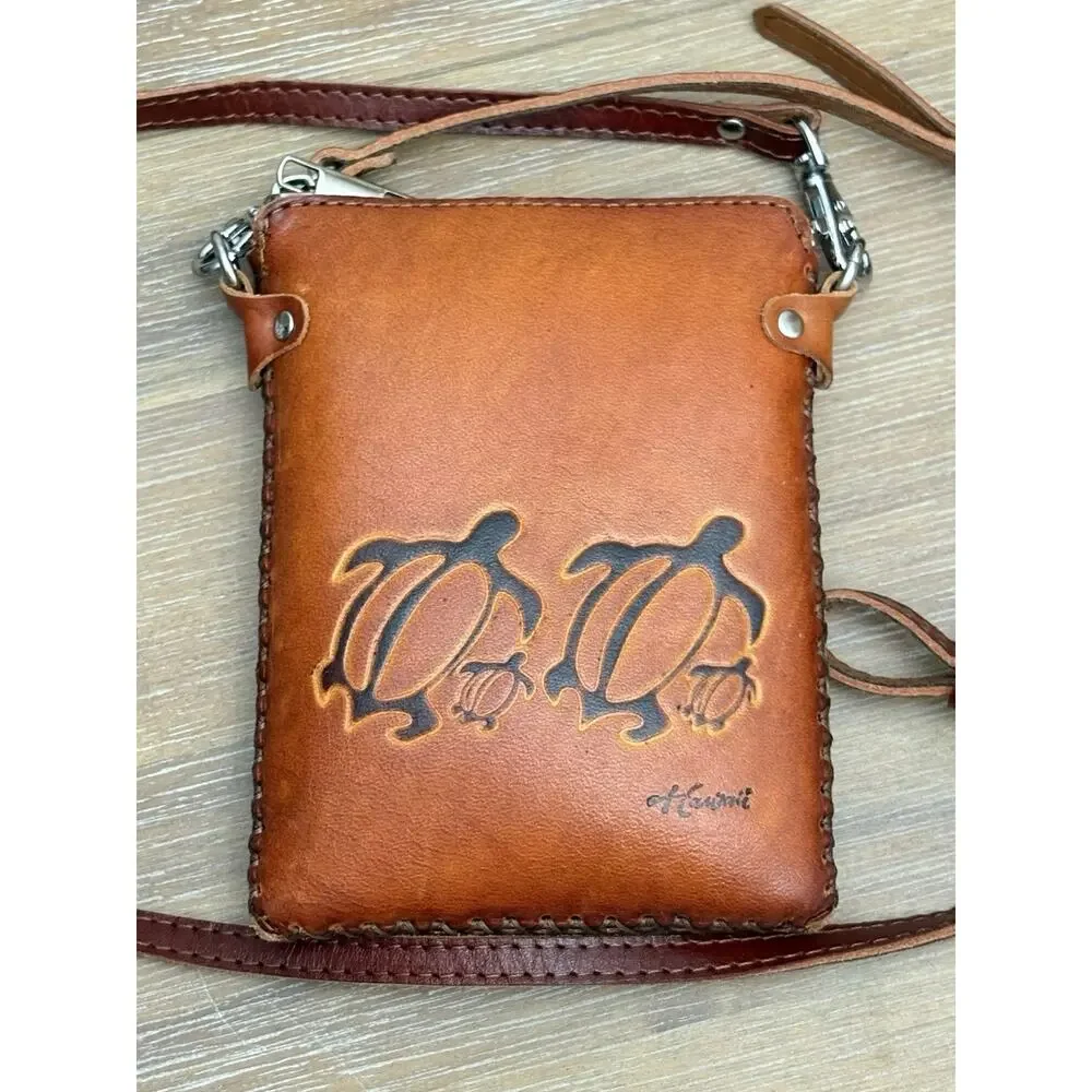 Hand Made Leather Cross-Body Sling Shoulder Pouch Purse Sea Turtles Hawaii GUC